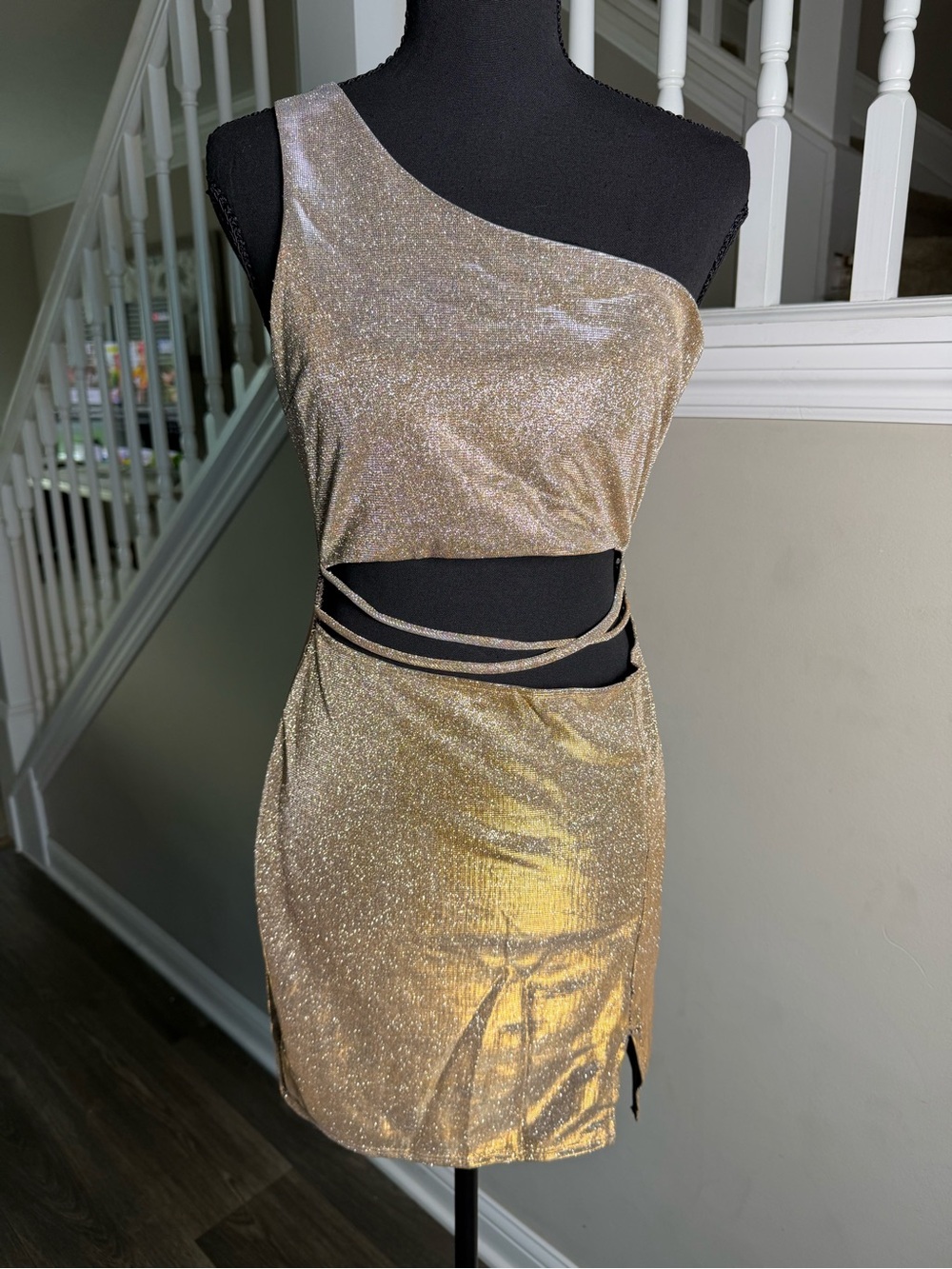 Windsor Metallic Gold One-Shoulder Cutout Mini Dress
